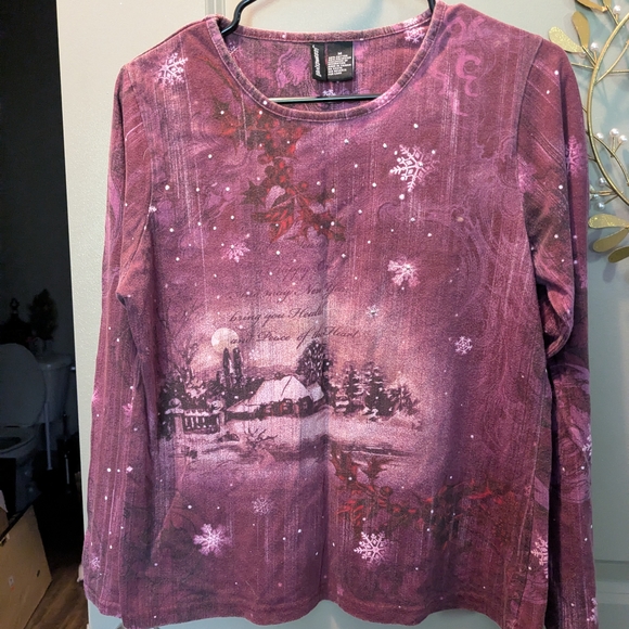 Jason Maxwell Burgundy Winter Scene Long Sleeve Top - Picture 1 of 8
